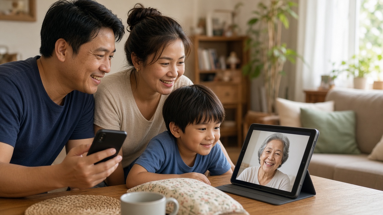 A family on a video call with a phone and tablet