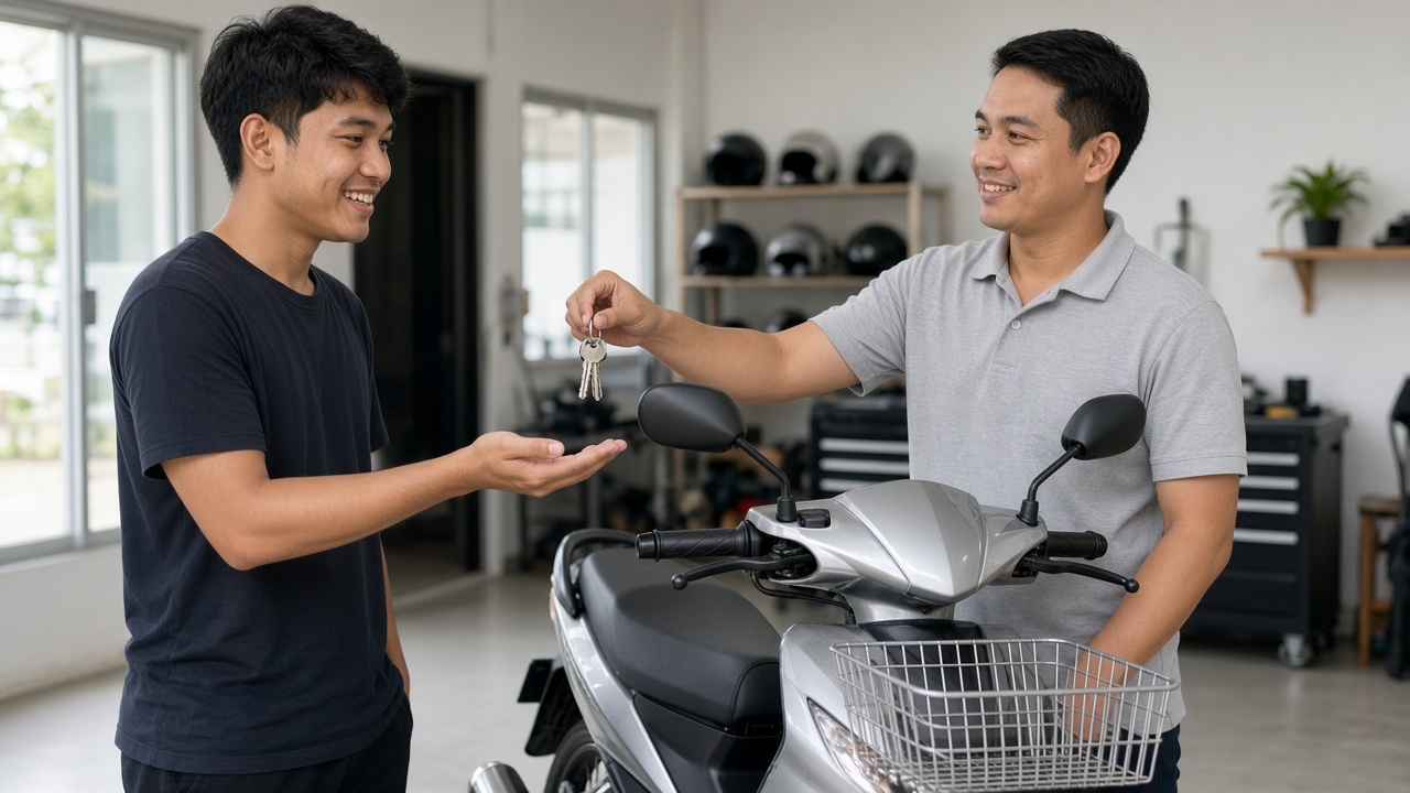 A smiling customer receiving the keys to a new motorcycle